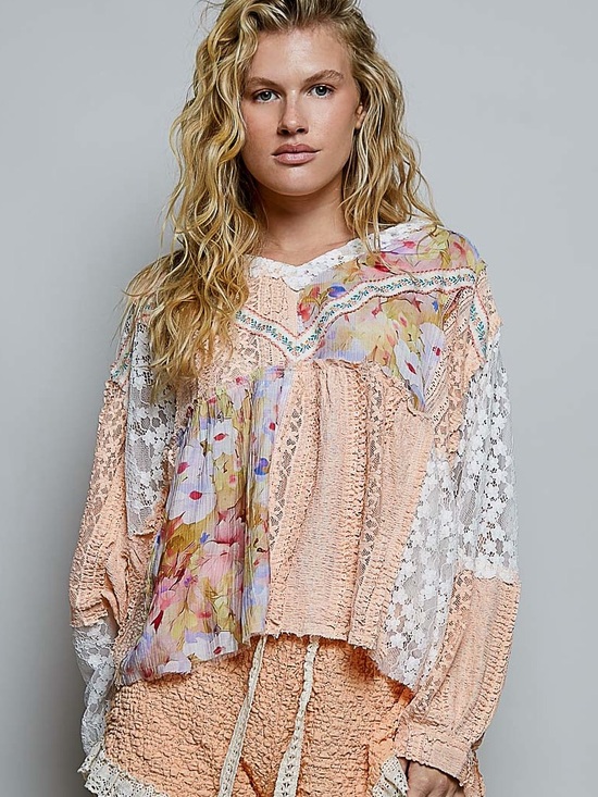 POL Tops - POL Bohemian Mixed Lace Printed Top  Apricot Multi Relaxed Silhouette Top